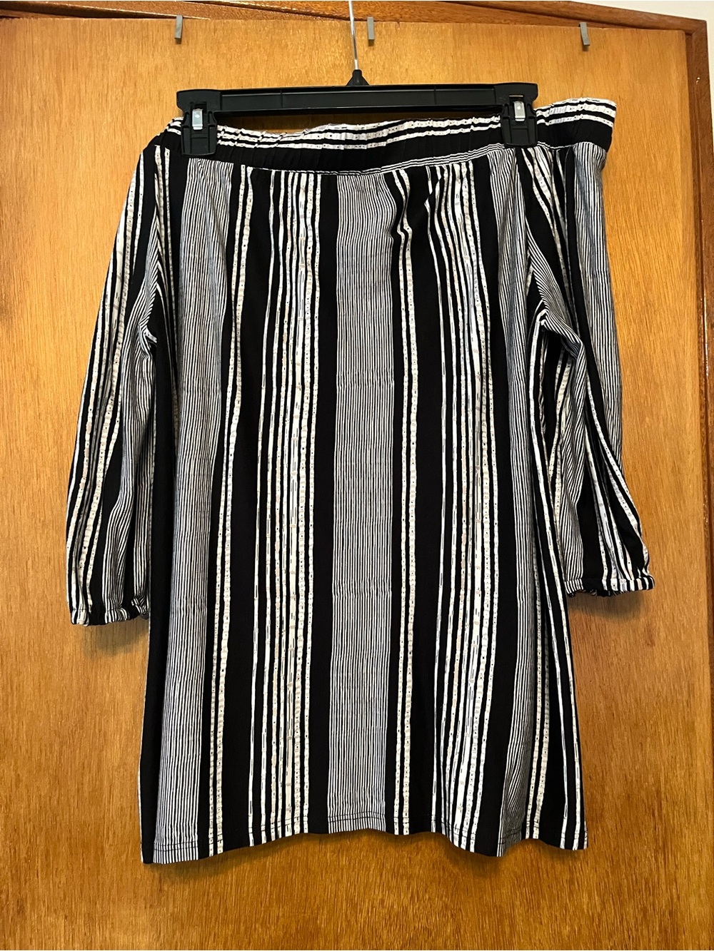 Loveappella Black and White Striped Off-Shoulder Top
